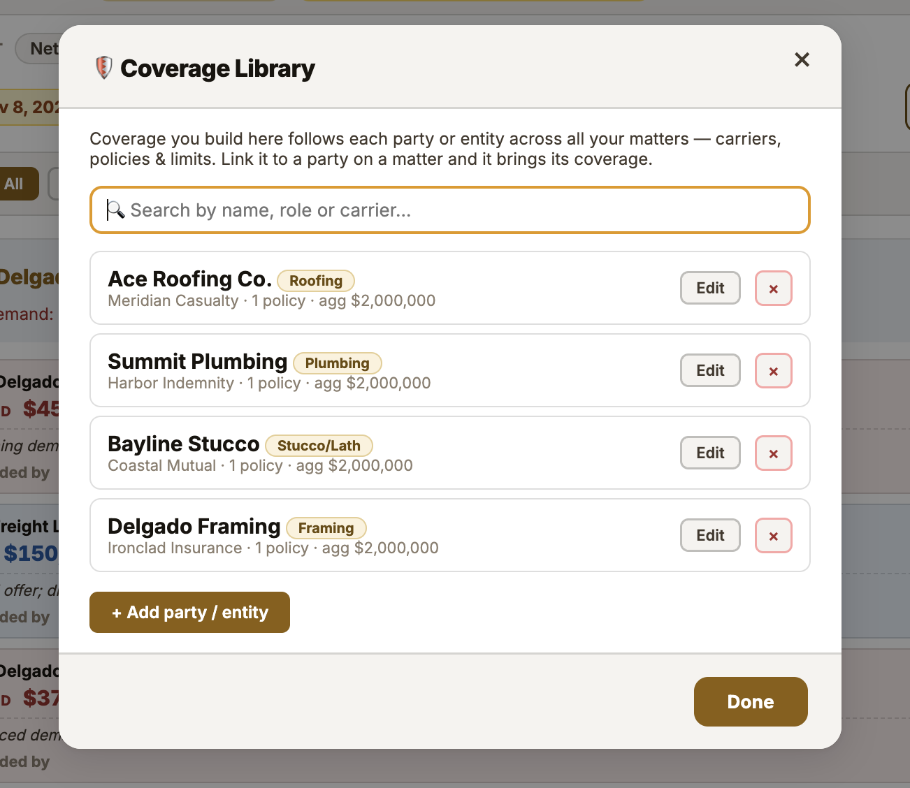One coverage library — carriers, policies & limits that follow a party across your matters