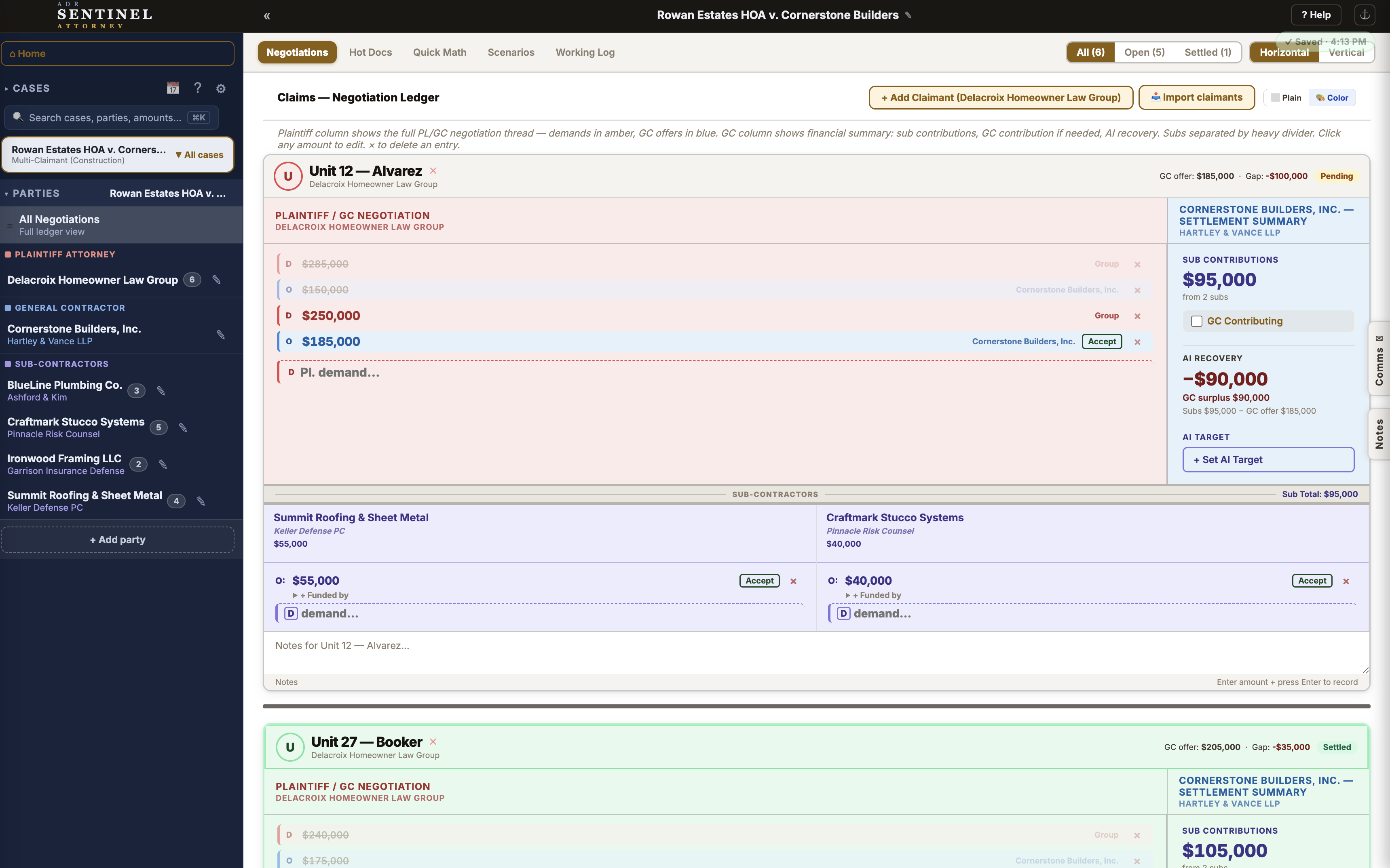 Run a whole multi-claimant mediation — every claimant, sub, and running total in one grid