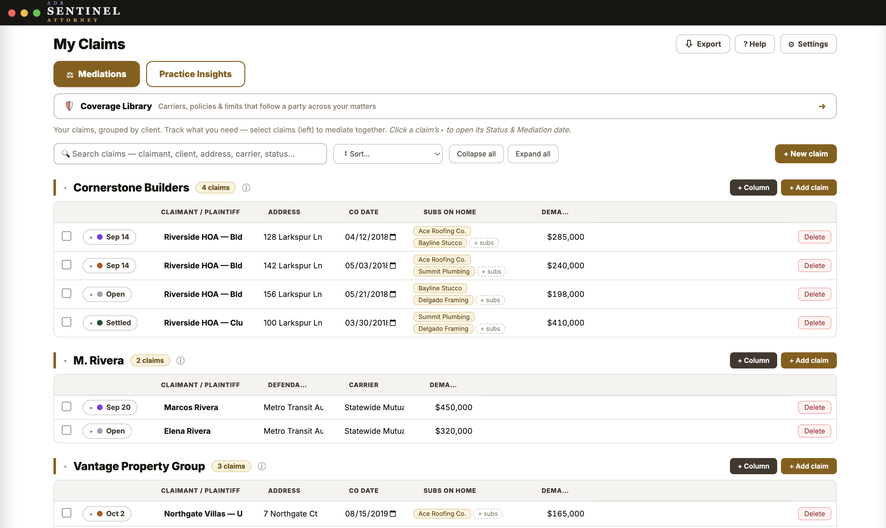 Every claim you handle in one place — tracked by client, ready to take to mediation