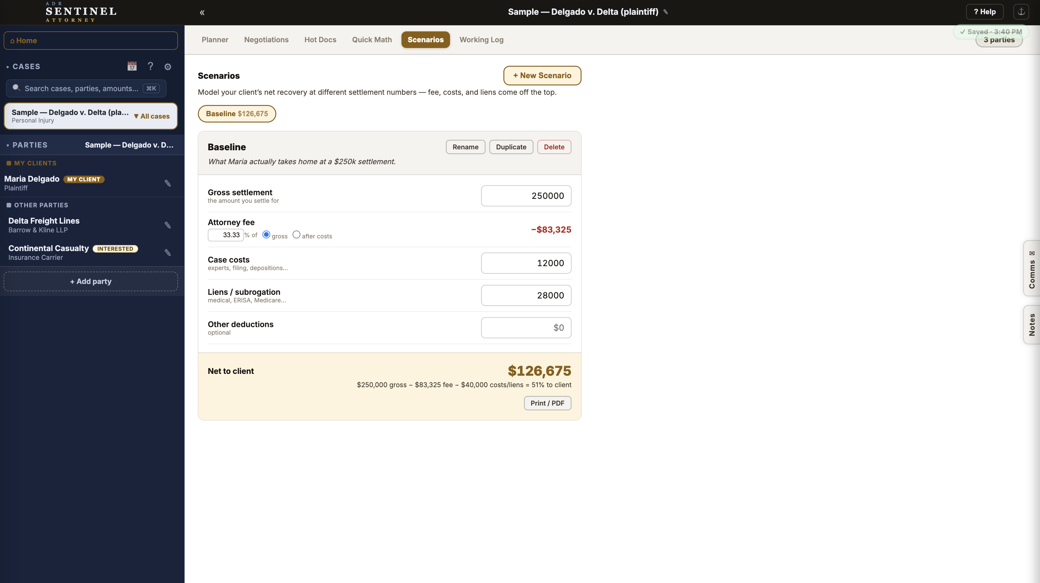 Know what your client actually nets, after fees, costs, and liens