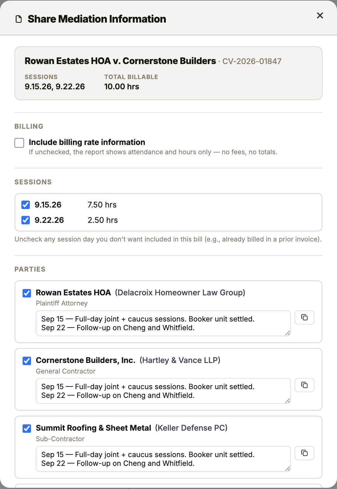 A clean, professional billing summary, ready to send