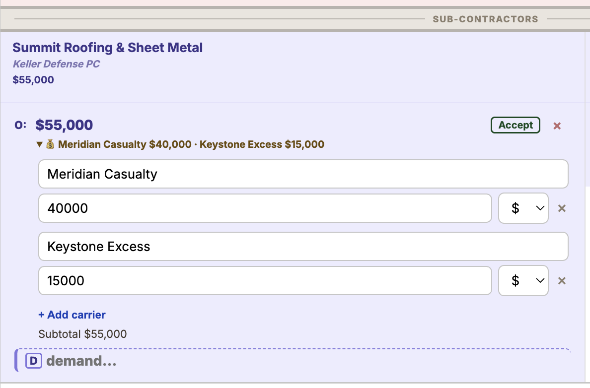 See who's funding each number — carrier & co-defendant contributions on any offer