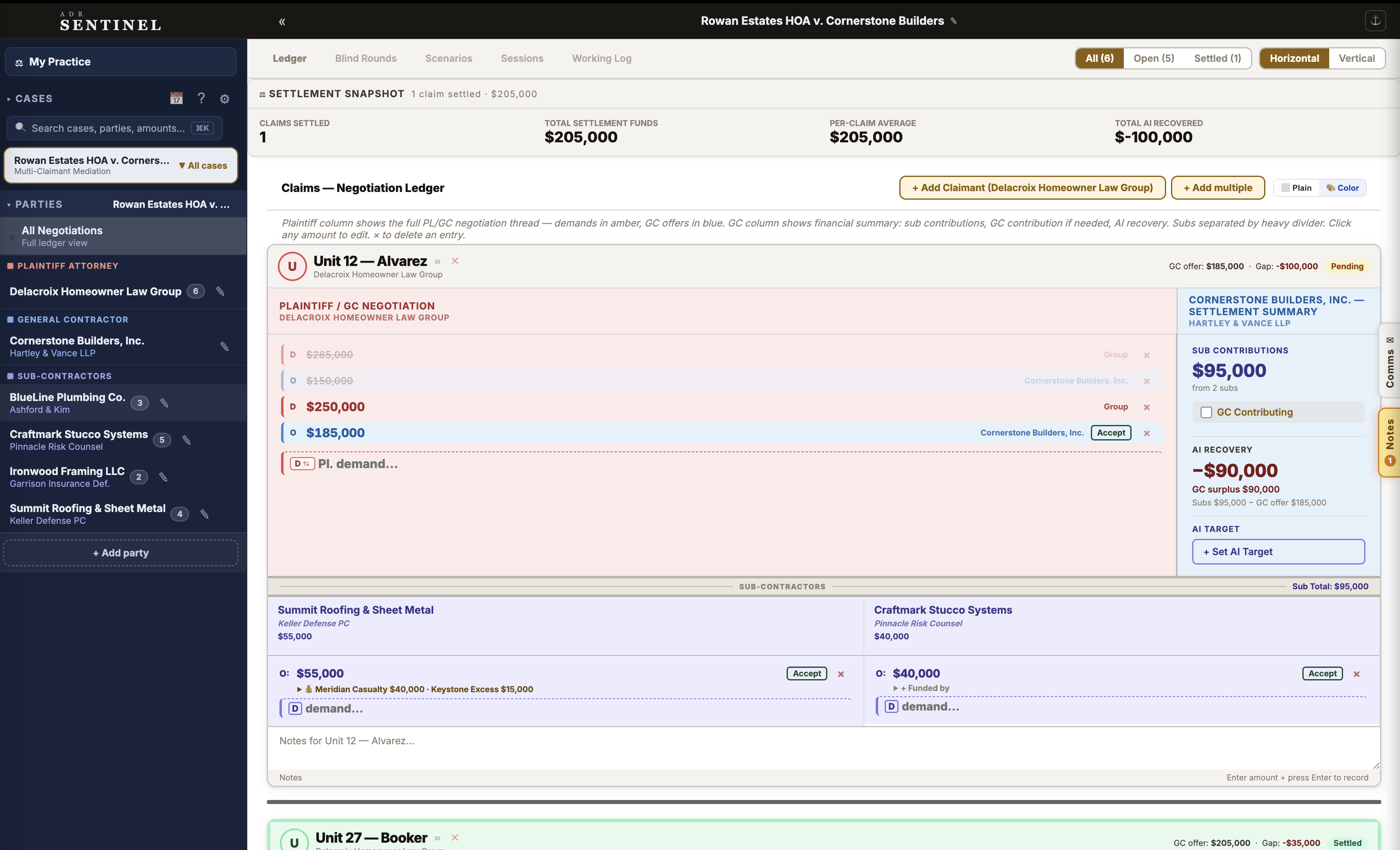 The multi-claimant mediation ledger — every claimant, defendant, and running total in one grid