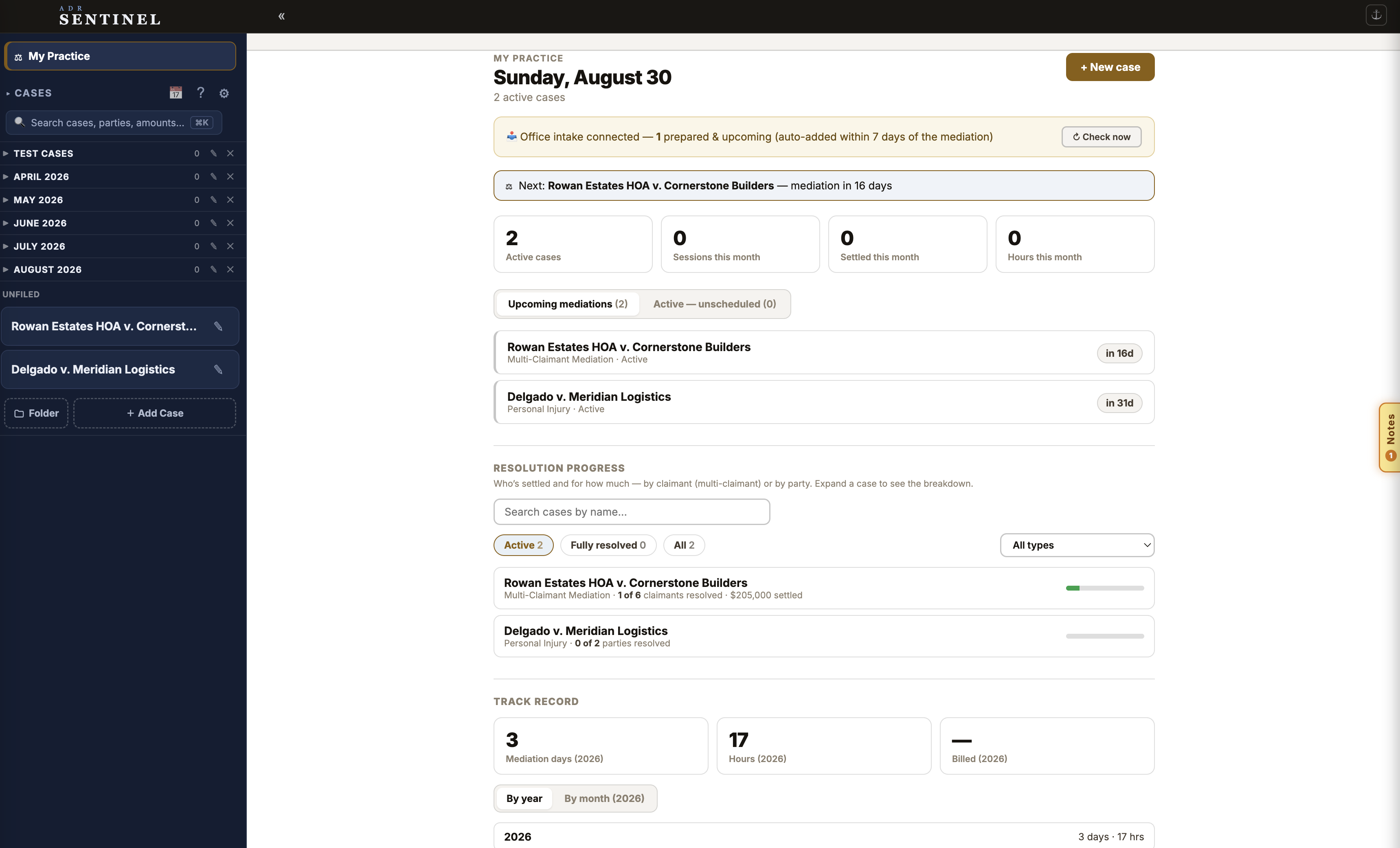 Your whole practice at a glance — upcoming mediations, who's settled, and your track record