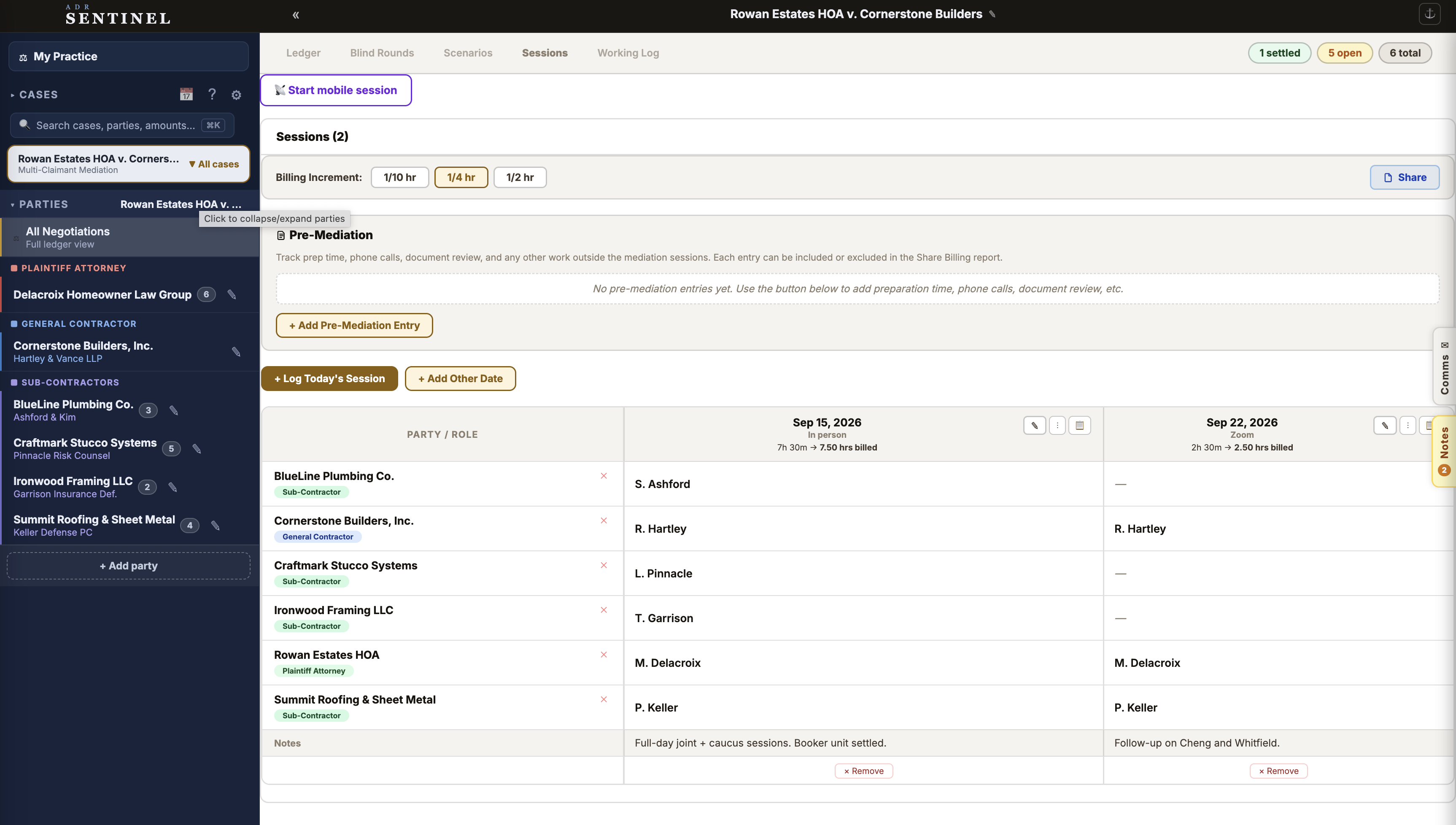 Track sessions and time, then share a billing summary with the parties